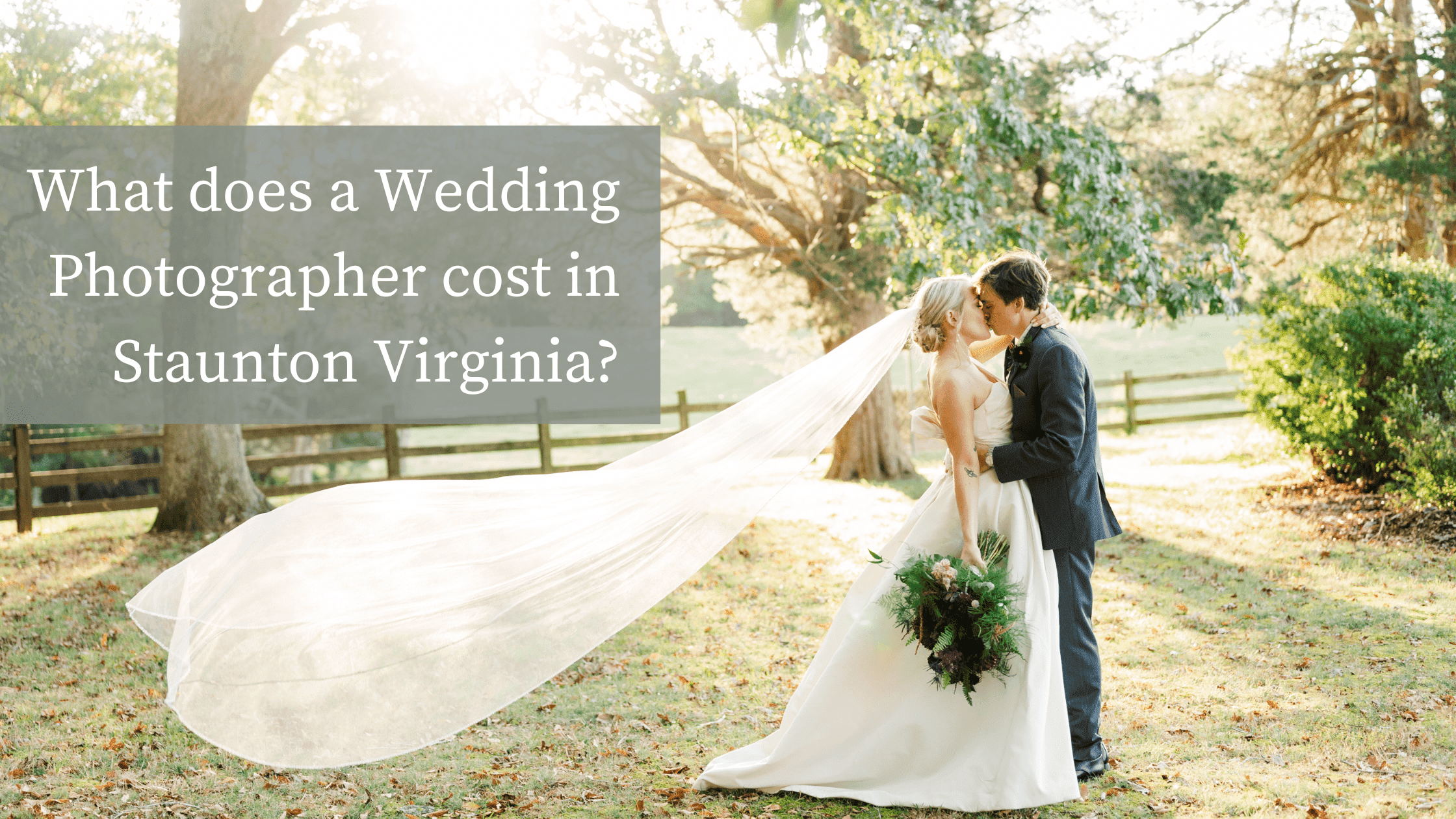 Wedding portrait featuring the sun setting behind the couple. The groom is holding his bride while her long veil flows in the wind. Text on top of the image reads: "What does a wedding photographer cost in Staunton Virginia?"