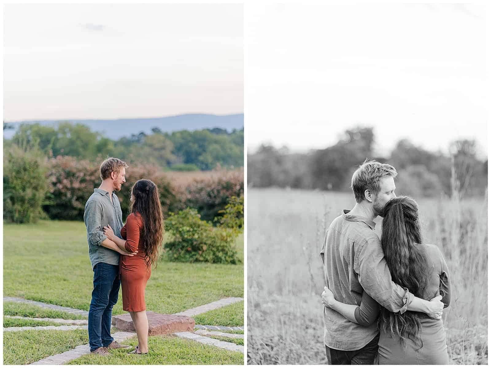 Couple shares a moment alone in a open field during engagement photos at blandy experimental farm