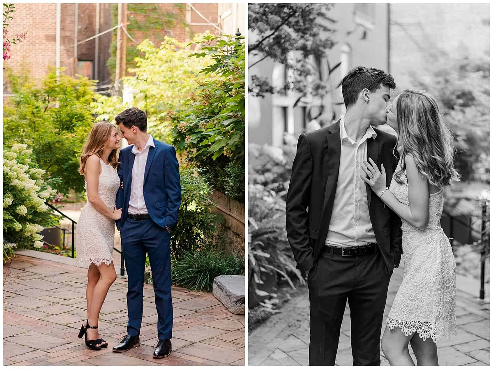 Collage of highlight images from elopement photography clients in downtown staunton virginia. Young couple is walking through downtown staunton, smiling, wearing blue suit and white sundress for their late summer elopement. 