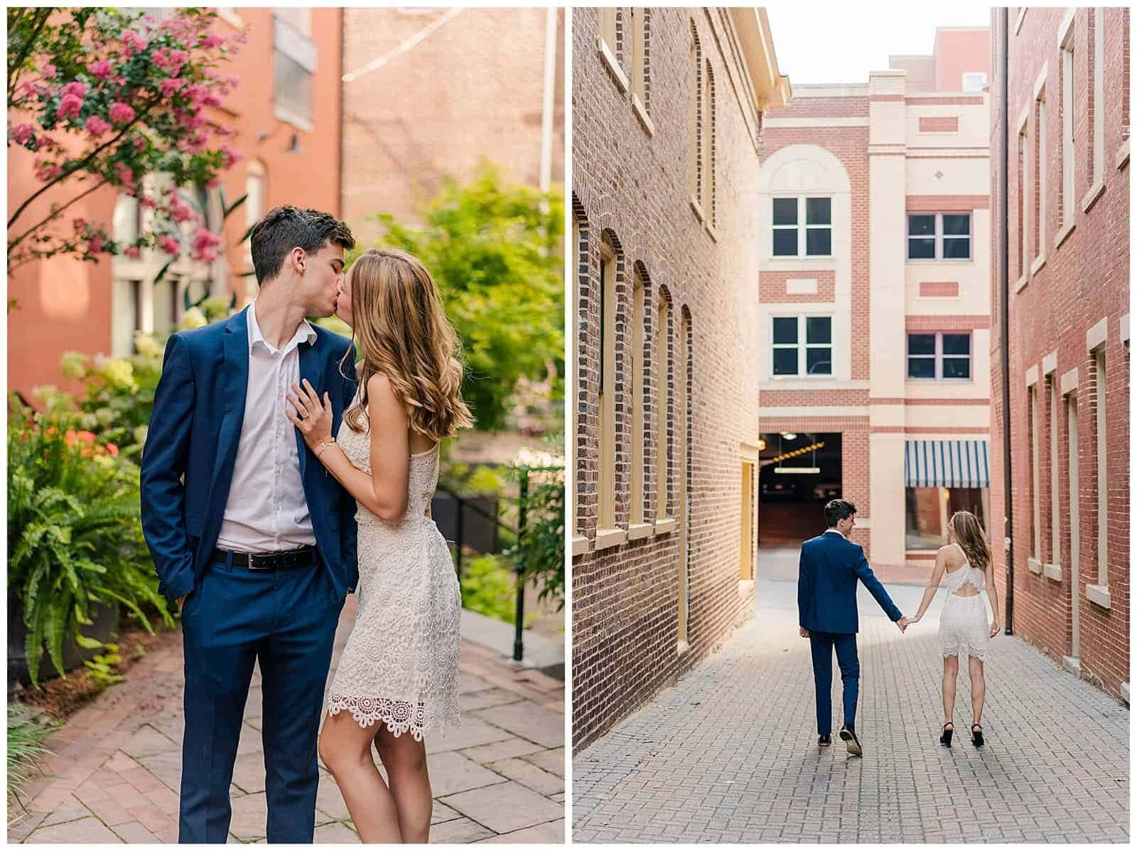 Collage of highlight images from elopement photography clients in downtown staunton virginia. Young couple is walking through downtown staunton, smiling, wearing blue suit and white sundress for their late summer elopement. 