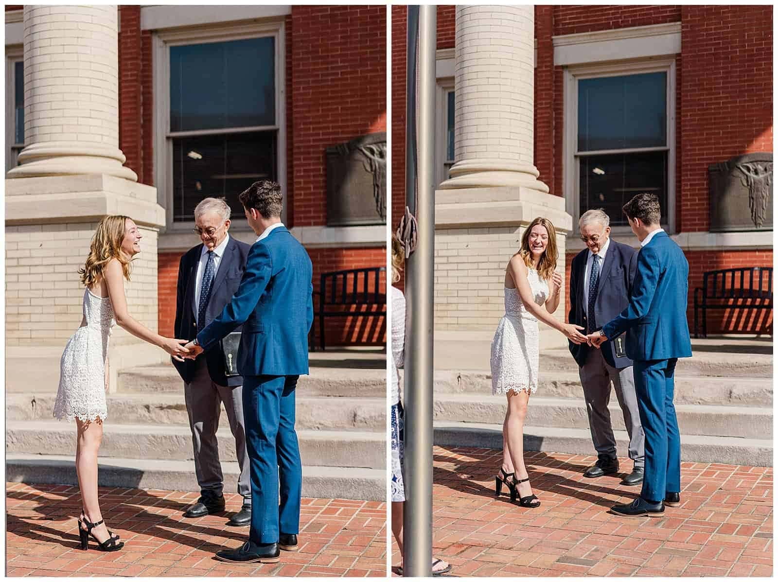 Bride smiles and giggles in her elopement photographs after first kiss as husband and wife in front of augusta county courthouse in downtown staunton after their elopment ceremony.