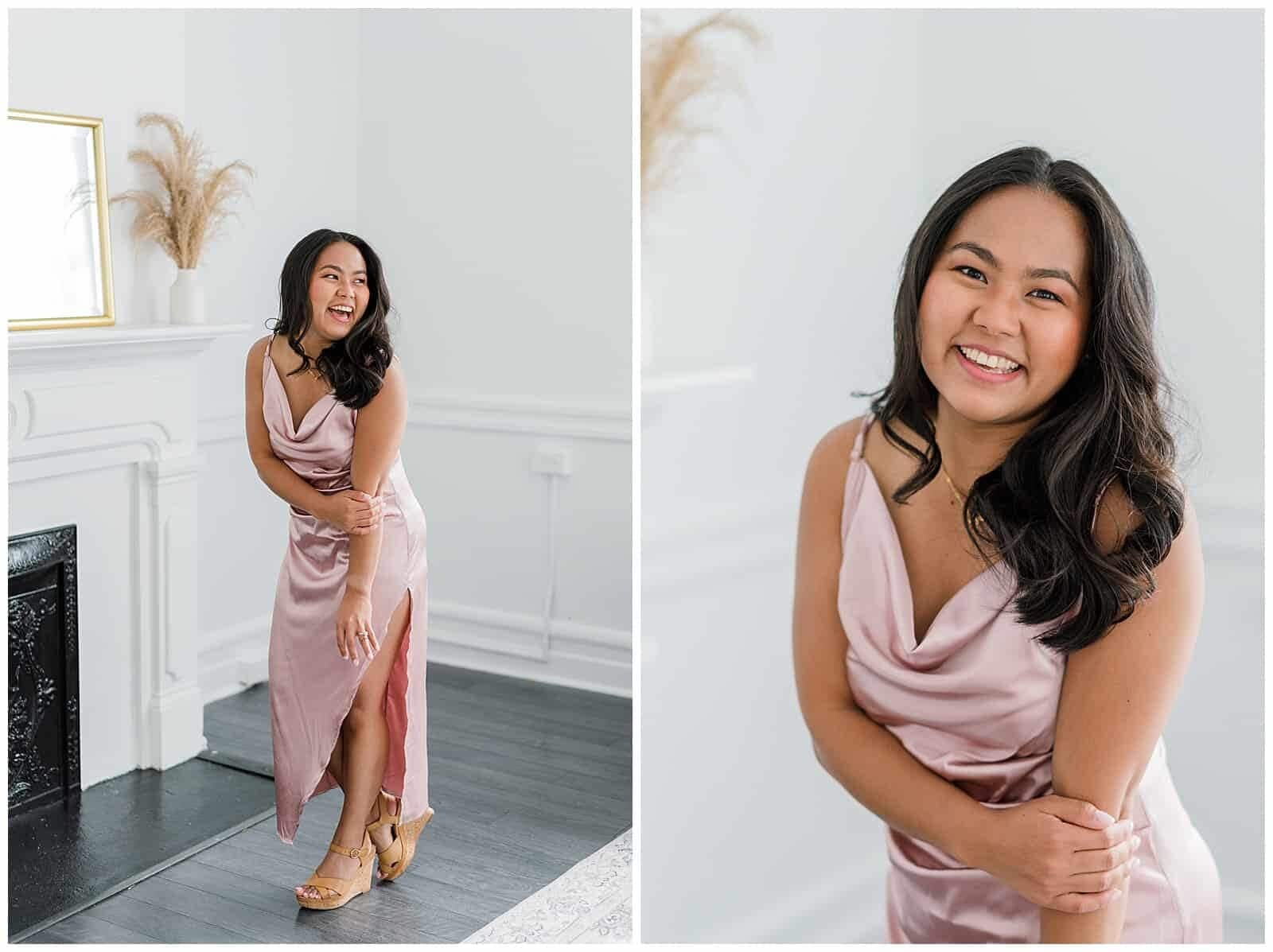 Collage of highlight images of wedding photographer's brand photoshoot in staunton virginia photography studio. Photographer is a young Asian woman wearing a pink silk dress, standing by early 1900s mantel decorated with light brown, fluffy boho styled plants. She is laughing and smiling.