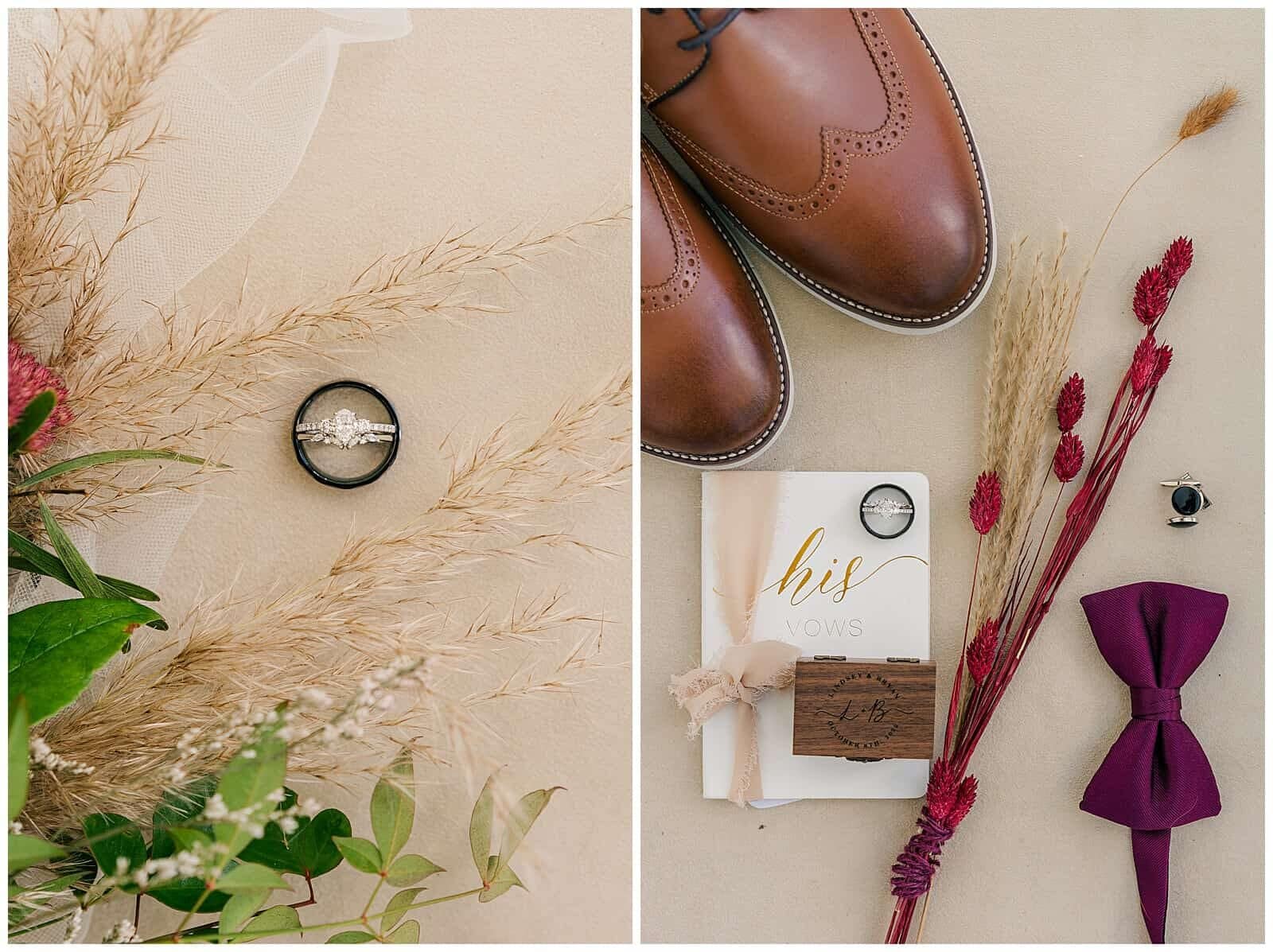 Styled flat lay of wedding invitations, rings, shoes, and florals for wedding at mountain view farms of mt solon virginia in the Shenandoah valley