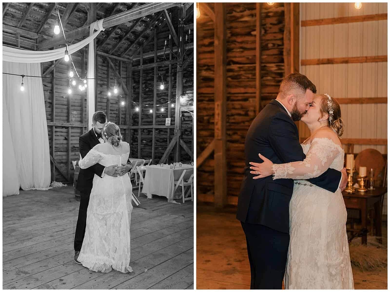 Newlywed couple hold each other close during their first dance at their fall wedding at mountain view farm in mt solon virginia