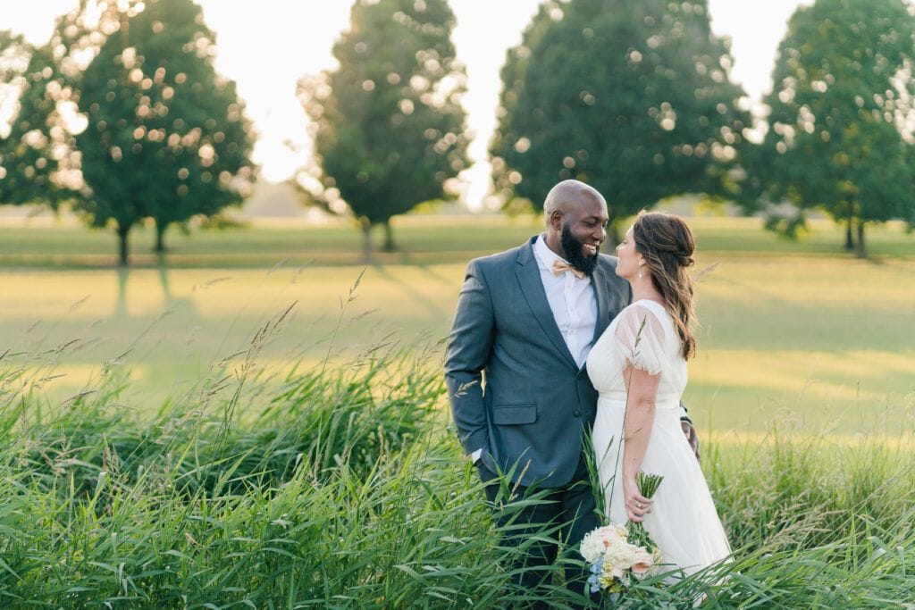 Couples portraits taken at sunset at the Granary wedding venue in Weyers Cave VA.