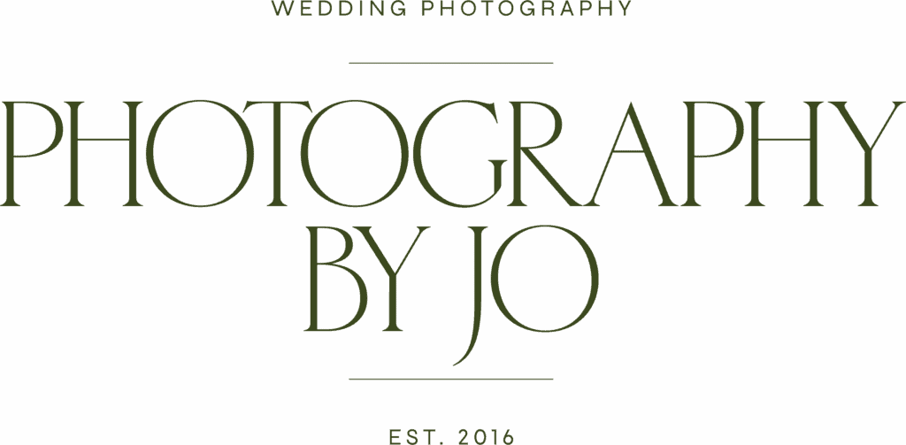 Logo with the words Wedding Photography above large text Photography by Jo, and Est. 2016 below, all in elegant green font on a light background.