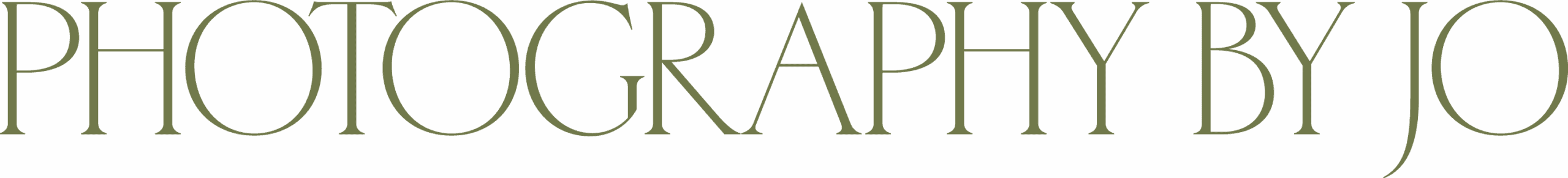 The image displays a text logo reading PHOTOGRAPHY BY JO in a tall, elegant, olive green serif font set against a crisp white background.