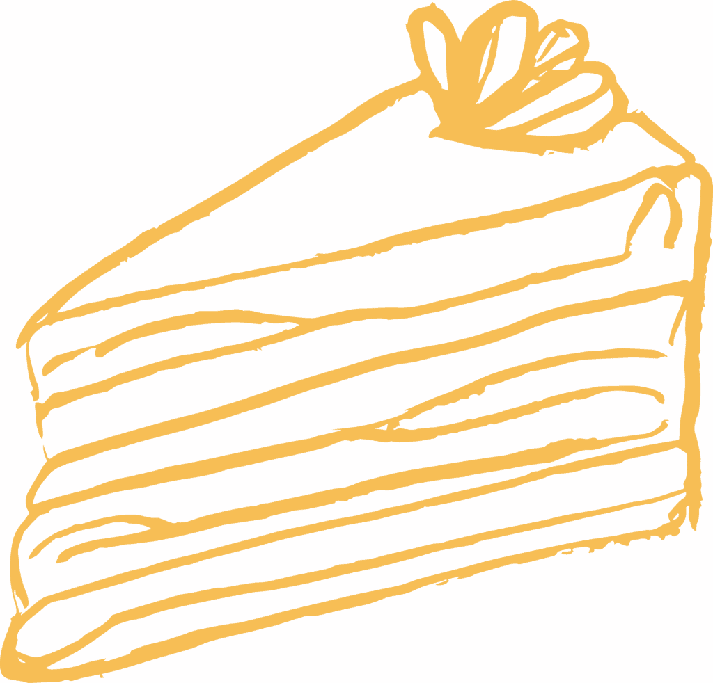 A simple, hand-drawn illustration of a slice of layered cake with cream and a decorative topping on top, depicted in orange lines on a white background.