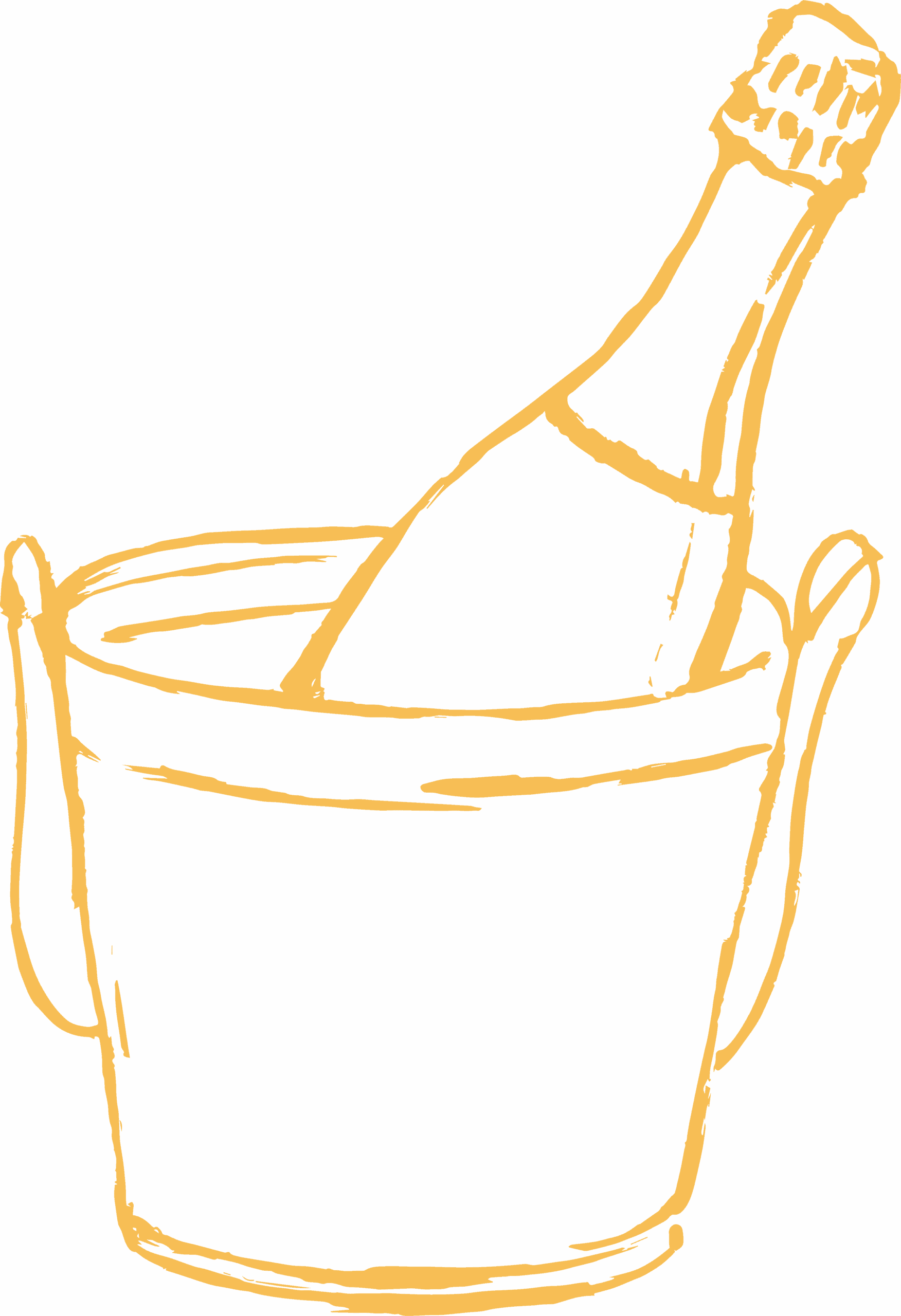 A simple, hand-drawn illustration of a wine or champagne bottle chilling in an ice bucket with handles. The drawing is done in yellow-orange lines on a white background.