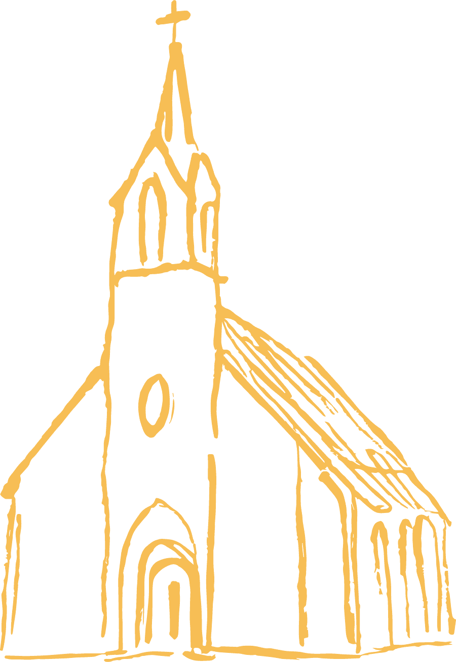 Simple yellow line drawing of a traditional church with a tall steeple, arched windows, a round window above the entrance, and a cross on top. The style is minimalistic and sketch-like.