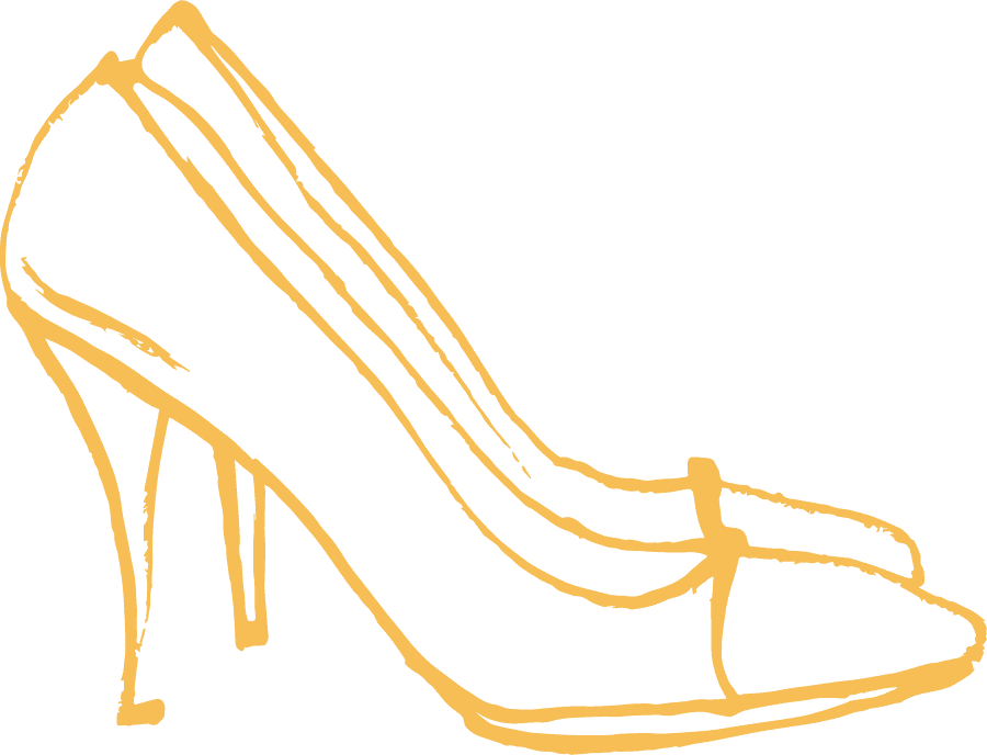 A simple, stylized yellow line drawing of a pair of high-heeled shoes positioned side by side on a light background.