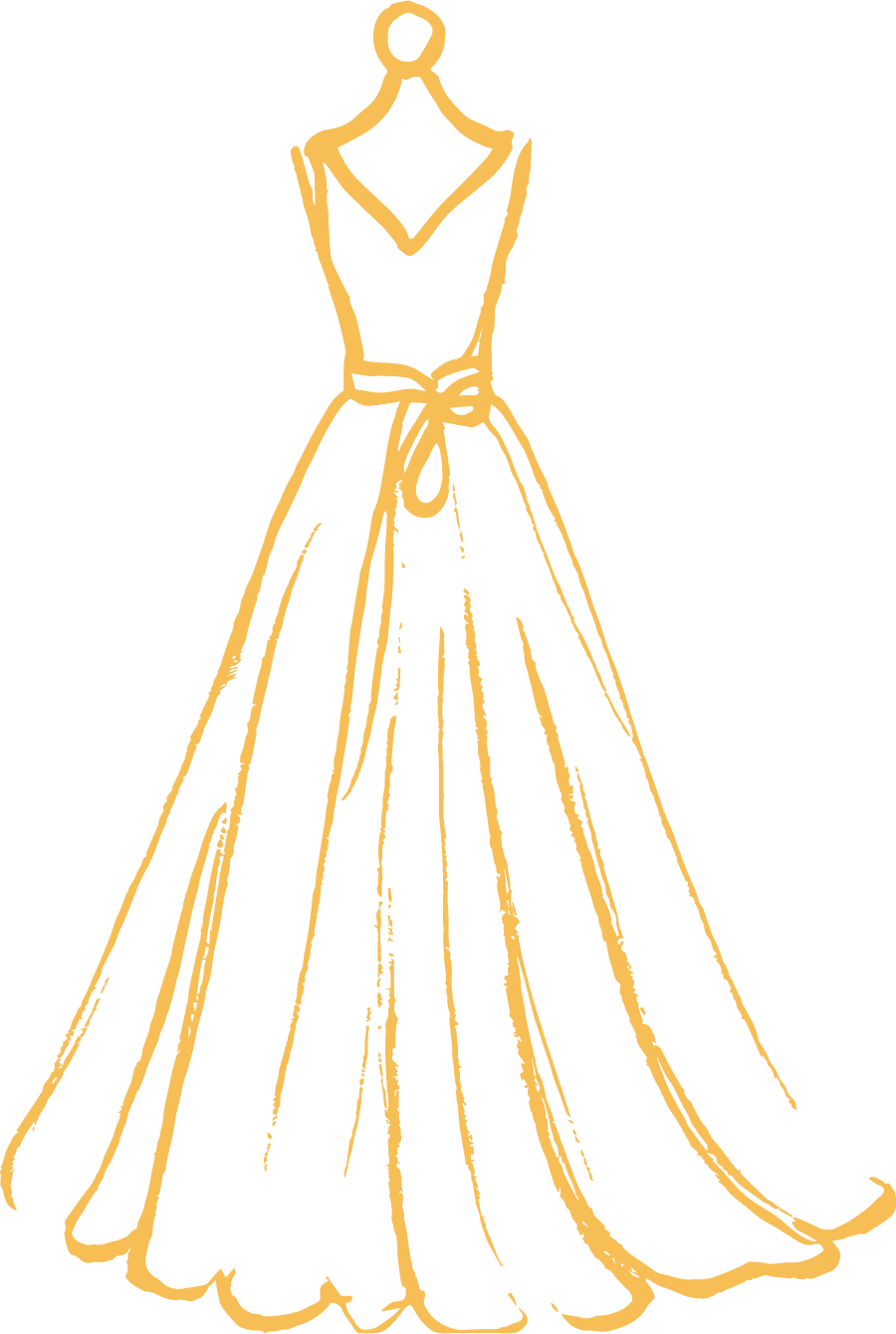 A simple, hand-drawn illustration of a long, elegant gown with a fitted bodice, V-neckline, full skirt, and a bow at the waist, shown on a dress form. The lines are in a soft, golden-yellow color.